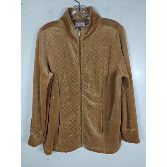 Quacker Factory Women's M Short Velour 2-Piece Set Zip Jacket & Pants Brown - Picture 2 of 12